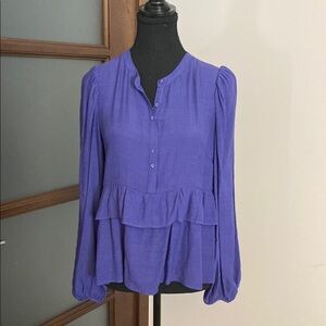 NWT Purple Long Sleeve Ruffled Blouse with Mandarin Collar